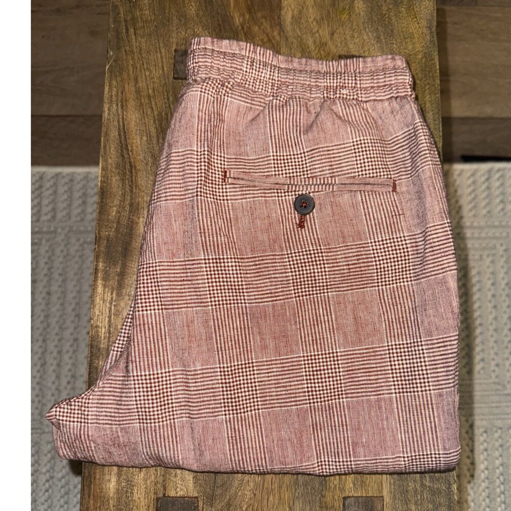 *SALE* Express Mens Slim Drawstring Pants (Burgundy/Plaid, Linen-Blend, 30Wx30L)